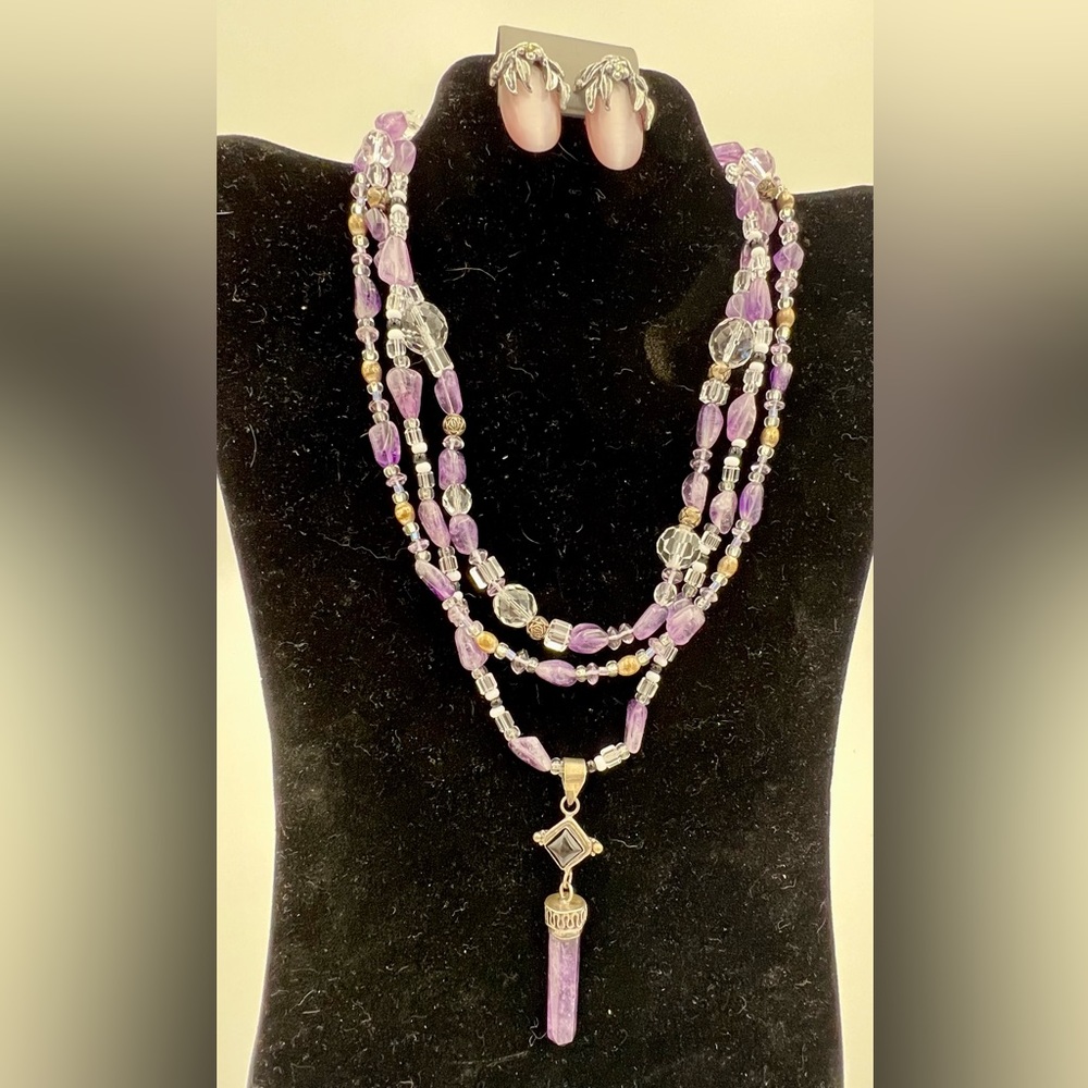 Estate Crystal And Amethyst Necklace With Amethyst Point Pendant. Clip Earrings